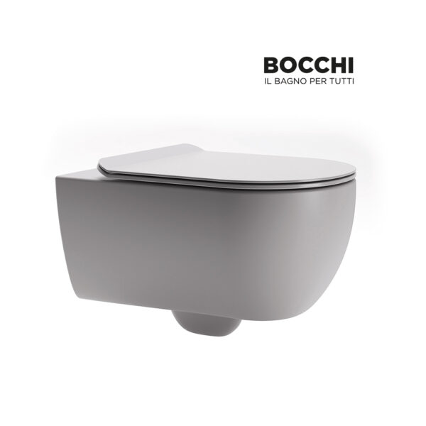 אסלה תלויה Bocchi צבע אפור מט 54 ס״מ Rimless; עם מושב Slim הידרולי נשלף דגם Tondo